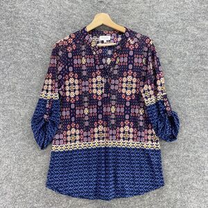 Siren Lilly Blouse Women M Medium Blue Geometric V-Neck 3/4 Sleeve Button Up